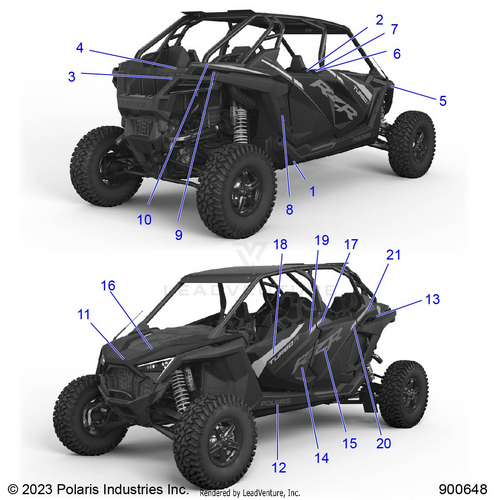 An Image of a Genuine Polaris Parts Schematic Diagram showing the schematic - BODY: DECALS - 2023 POLARIS RZR TURBO R 4 PREMIUM RIDE COMMAND