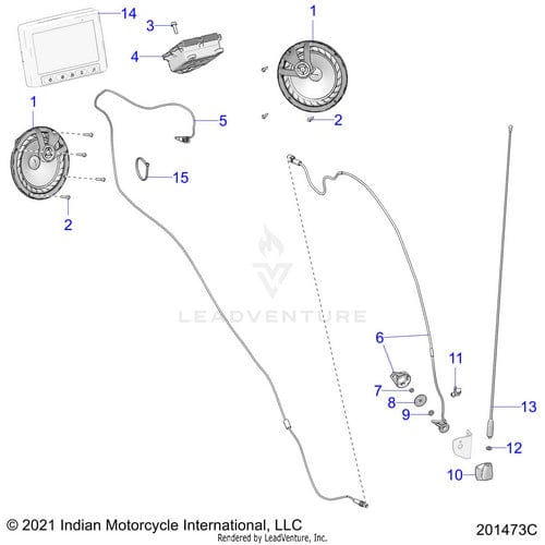Diagram showing dashboard and antenna components for Indian Motorcycle, including a display screen, dials, cables, the OEM Parts antenna, and numbered labels. Features Pwrsply Dsp 2Ch 4Vpp V2 by Polaris. Contact Indian Service Rep. for replacement info.