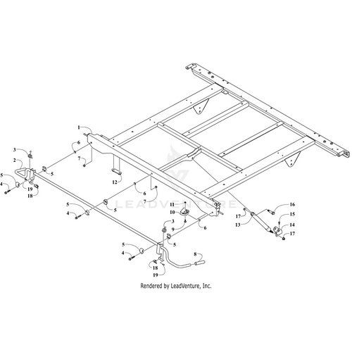 Exploded line drawing of a vehicle’s metal frame highlighting OEM Arctic Cat parts—including the Box Latch Wear Pad - Right and others like crossmembers, brackets, bolts, and rods—clearly labeled for easy assembly reference.