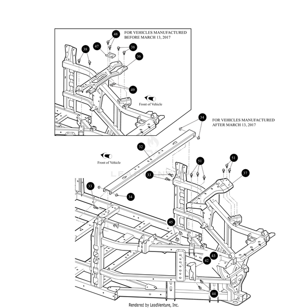 Diagram showing vehicle frame components and mounting parts for Arctic Cat ATVs made before and after March 13, 2017. Parts, including the Shock Tower Brace Rear by Arctic Cat, are numbered; arrows show the front.