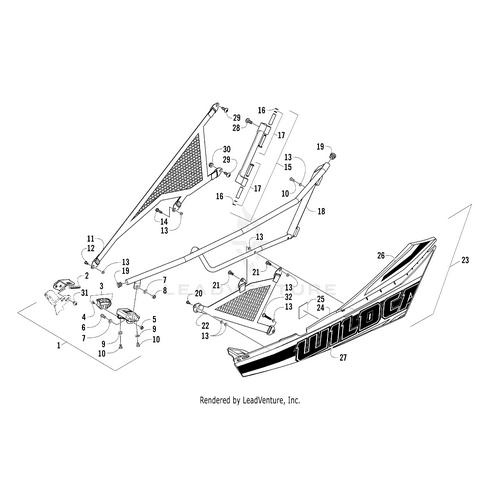 Exploded diagram displays parts of an Arctic Cat UTV side panel assembly with labeled components like frame pieces, mesh inserts, fasteners, OEM Arctic Cat parts, and the Door Decal Upper Right-Tag by Arctic Cat on a large WILDCAT panel.