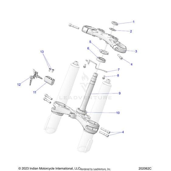 Exploded diagram of a keyless Indian Motorcycles steering assembly highlights each component, ideal for identifying the OEM Steering Lock Fob Key by Polaris ([Intl Only], includes lock and keys) placement in models with steering lock equipped.