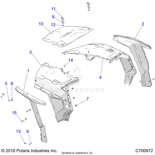An Image of a Genuine Polaris Parts Schematic Diagram showing the schematic - BODY: HOOD AND FRONT BODY WORK - 2020 POLARIS RZR TRAIL S 900
