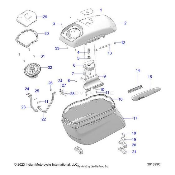 Exploded diagram of the Lid Saddlebag Audio LH Strgr [Storm Gray] by Polaris, showing numbered parts: lid, base, genuine Polaris components, mounting hardware, hinges, and latch—all separated and labeled for easy identification.