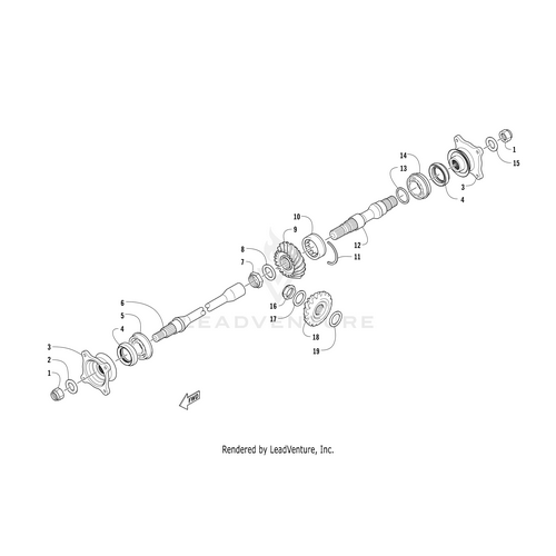 Exploded diagram of a mechanical gear assembly featuring OEM Arctic Cat parts like the Final Driven Shaft Rear, with gears, shafts, bearings, and fasteners aligned left to right and each part clearly labeled for easy identification.