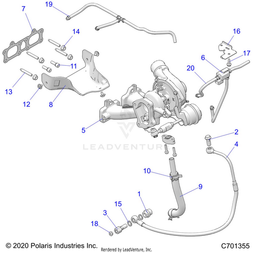 An Image of a Genuine Polaris Parts Schematic Diagram showing the schematic - ENGINE: TURBO CHARGER MOUNTING - 2021 POLARIS RZR XP 4 TURBO