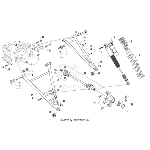 Exploded diagram of a vehicle rear suspension assembly with labeled parts like arms, shock absorber, spring, and frame—perfect for identifying OEM Arctic Cat parts such as the A-Arm - Front Upper Left-Painted Blk- (Inc. 7-11) by Arctic Cat.