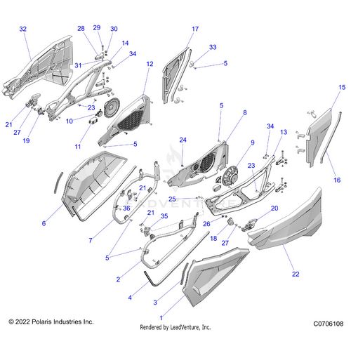 An Image of a Genuine Polaris Parts Schematic Diagram showing the schematic - BODY: DOORS - 2023 POLARIS RZR XP 1000 PREMIUM RIDE COMMAND