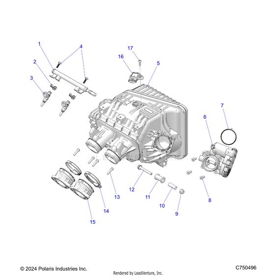 An Image of a Genuine Polaris Parts Schematic Diagram showing the schematic - ENGINE: INTAKE MANIFOLD THROTTLE BODY FUEL RAIL - 2025 POLARIS RZR XP 1000 PREMIUM