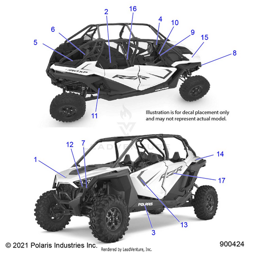 An Image of a Genuine Polaris Parts Schematic Diagram showing the schematic - BODY: DECALS STANDARD - 2022 POLARIS RZR TURBO R 4 SPORT