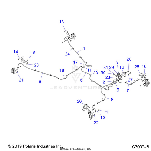 An Image of a Genuine Polaris Parts Schematic Diagram showing the schematic - BRAKES: BRAKE LINES AND MASTER CYLINDER - 2020 POLARIS RZR TURBO S VELOCITY