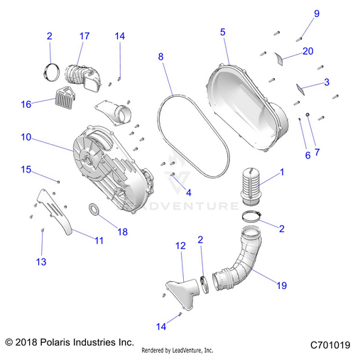 An Image of a Genuine Polaris Parts Schematic Diagram showing the schematic - DRIVE TRAIN: CLUTCH COVER AND DUCTING - 2020 POLARIS RZR TRAIL S 900