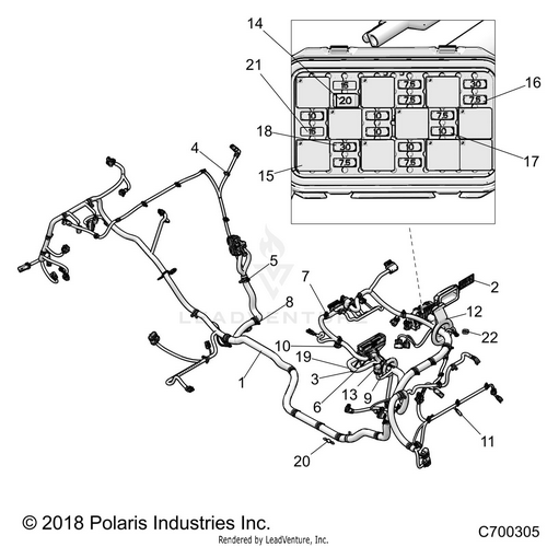 An Image of a Genuine Polaris Parts Schematic Diagram showing the schematic - ELECTRICAL: WIRE HARNESS - 2019 POLARIS RZR XP 1000