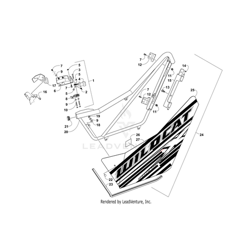 Technical diagram showing labeled parts and components for assembling the Door Panel W/Decals-Dt-Right(Wc X Ltd 2016) (Inc. 25 And 27) by Arctic Cat, similar to OEM Wildcat Prowler Alterra accessories.