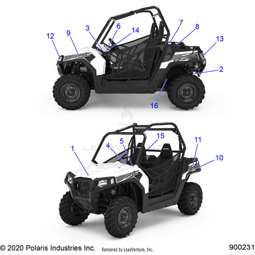 An Image of a Genuine Polaris Parts Schematic Diagram showing the schematic - BODY: DECALS - 2022 POLARIS RZR TRAIL 570