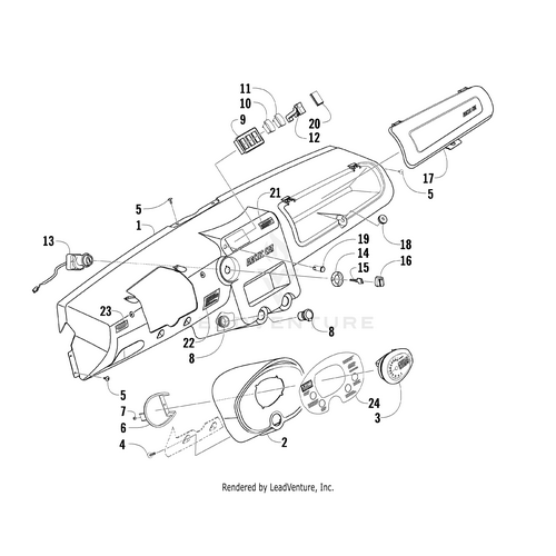 Exploded diagram of a car dashboard assembly displaying labeled parts like the glove box, ignition switch, Gauge A/D LCD (09 650-H1 Prowler) by Arctic Cat, air vents, instrument cluster, and OEM Arctic Cat parts with numbered labels.