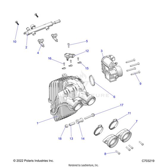An Image of a Genuine Polaris Parts Schematic Diagram showing the schematic - ENGINE: INTAKE and THROTTLE BODY - 2025 POLARIS RZR TRAIL S 1000 ULTIMATE