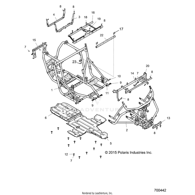 An Image of a Genuine Polaris Parts Schematic Diagram showing the schematic - CHASSIS: MAIN FRAME AND SKID PLATES - 2017 POLARIS RZR XP TURBO