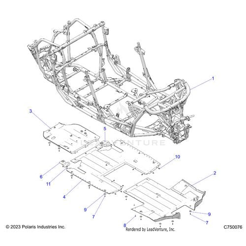 An Image of a Genuine Polaris Parts Schematic Diagram showing the schematic - CHASSIS: MAIN FRAME AND SKID PLATES - 2025 POLARIS RZR PRO R 4 ULTIMATE