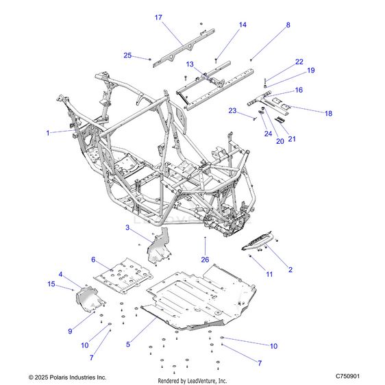 An Image of a Genuine Polaris Parts Schematic Diagram showing the schematic - CHASSIS: MAIN FRAME AND SKID PLATES - 2026 POLARIS RZR XP S 1000 ULTIMATE