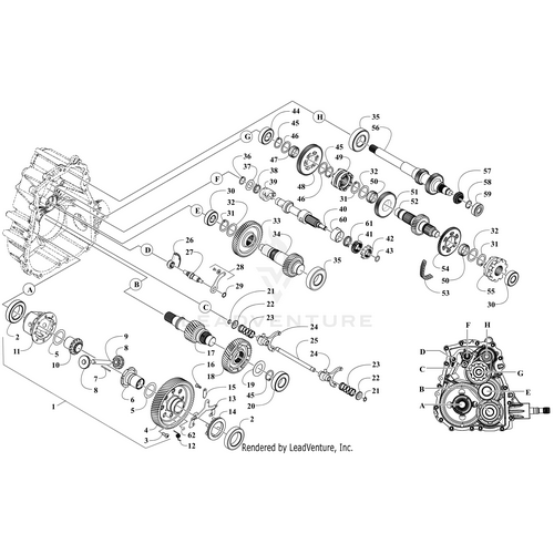 Exploded view diagram of a mechanical gearbox assembly featuring the Chain by Arctic Cat. Each component, including gears, shafts, bearings, and the chain, is labeled with numbers and letters for easy identification.