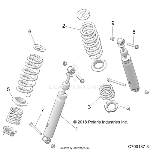 An Image of a Genuine Polaris Parts Schematic Diagram showing the schematic - SUSPENSION: REAR SHOCK MOUNTING - 2019 POLARIS RZR 570