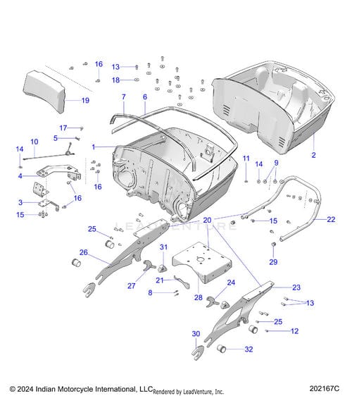 Exploded diagram of the Bin Trunk Ind Antenna Bkcychg [Black Candy/Championship Gold] by Polaris, detailing OEM parts like trunk body, brackets, screws, and Polaris components—each labeled with reference numbers for easy assembly.