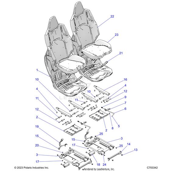 An Image of a Genuine Polaris Parts Schematic Diagram showing the schematic - BODY: SEAT ASM. AND SLIDER FRONT - 2026 POLARIS RZR XP 4 1000 SPORT