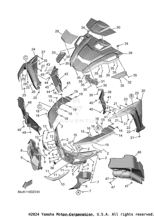 Exploded diagram of Yamaha Upper Cover 2 fairing, labeled with numbers for identification. Genuine Yamaha factory parts like panels, screws, and components are shown separately to display assembly positions and connections.