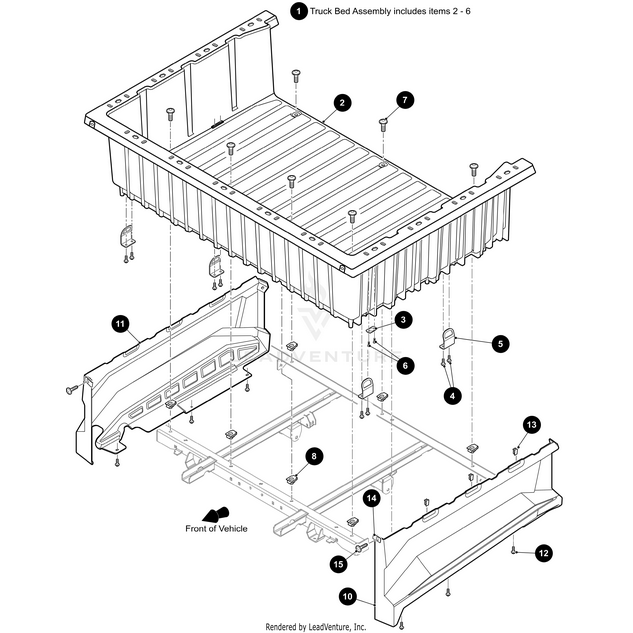 Exploded diagram of a truck bed assembly, highlighting the Bed Side Panel - Right by Arctic Cat, tailgate, and OEM parts. Numbered circles label each part for the Arctic Cat Wildcat, with the vehicles front shown.