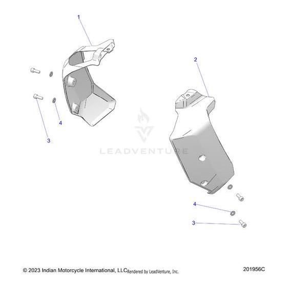 Exploded diagram of two Wing Radiator Cf metal parts and four screws [Includes 1 4] by Polaris, with labeled attachment points, arranged on a white background. Ideal for identifying Polaris OEM Parts.