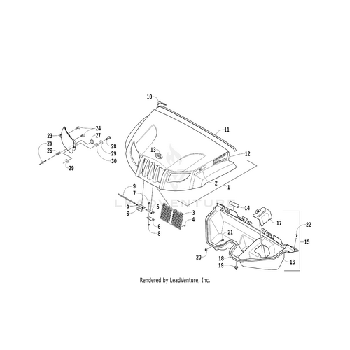 Exploded diagram showing car front-end parts, each labeled with numbered OEM Arctic Cat parts like the Decal Xtx 700 Efi-Left (Camo) for easy reference.