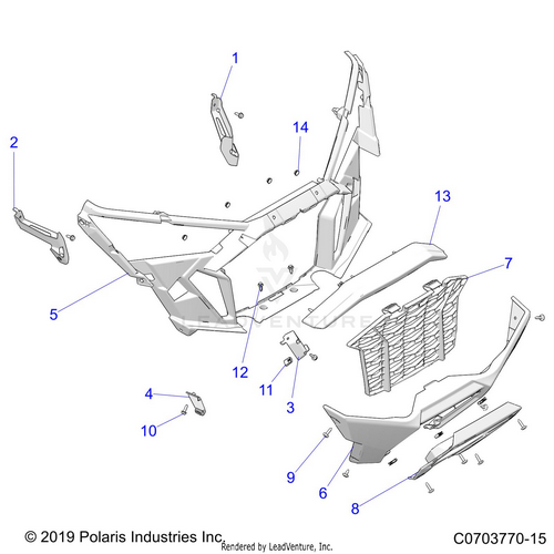An Image of a Genuine Polaris Parts Schematic Diagram showing the schematic - BODY: FRONT BUMPER - 2020 POLARIS RZR PRO XP
