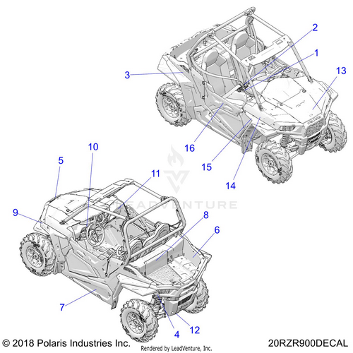 An Image of a Genuine Polaris Parts Schematic Diagram showing the schematic - BODY: DECALS - 2020 POLARIS RZR 900 EPS RIDE COMMAND