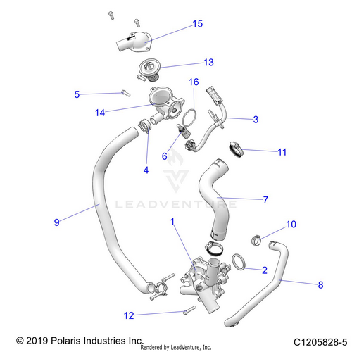 An Image of a Genuine Polaris Parts Schematic Diagram showing the schematic - ENGINE: WATERPUMP AND BYPASS - 2021 POLARIS RZR PRO XP 4 SPORT ROCKFORD LE