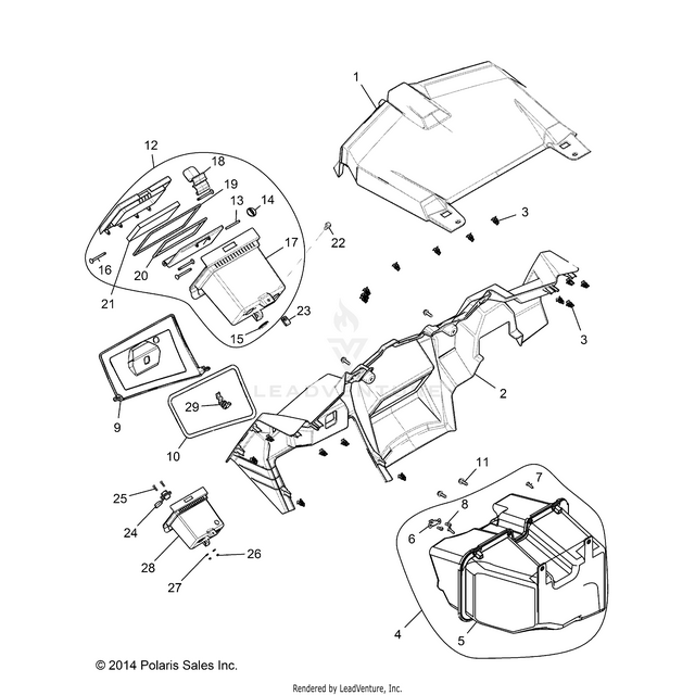 An Image of a Genuine Polaris Parts Schematic Diagram showing the schematic - BODY: DASH AND GLOVEBOX - 2016 POLARIS RZR XP 1000