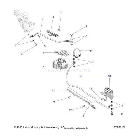Exploded diagram of motorcycle brake components showing Polaris OEM parts, including the Bracket Orient Abs Banjo Ms, master cylinder, hoses, caliper, and fasteners—all labeled by number for assembly or repair reference.