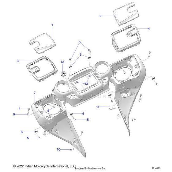 Exploded diagram of a motorcycle dashboard assembly, labeling parts such as panels, instrument cluster, Dash Inner Bluedusk [Blue Dusk] by Polaris, mounting screws, and covers used in 2022 Indian Motorcycle OEM and Polaris OEM Parts models.