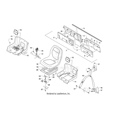 Exploded diagram of a vehicle seat assembly with labeled components, including the Arctic Cat Seat Panel - Front - Right, brackets, hardware, and frame parts—perfect for finding OEM Arctic Cat parts at Witchdoctors.com.