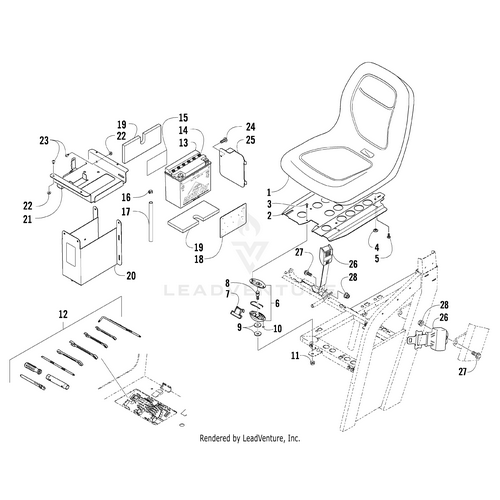 Exploded diagram of a vehicle seat assembly with seat, battery, Electrical Panel by Arctic Cat, mounting hardware, brackets, bolts, and numbered parts—find genuine OEM Arctic Cat components at Witchdoctors.com.