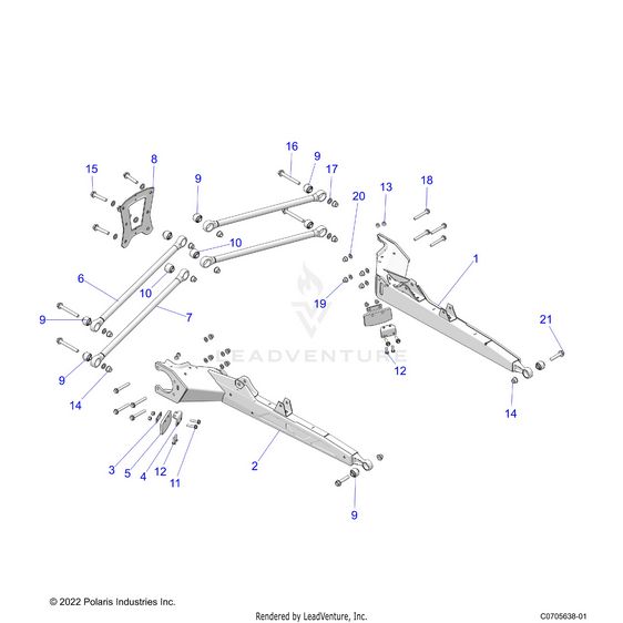 An Image of a Genuine Polaris Parts Schematic Diagram showing the schematic - SUSPENSION: REAR CONTROL ARMS - 2023 POLARIS RZR PRO XP ULTIMATE