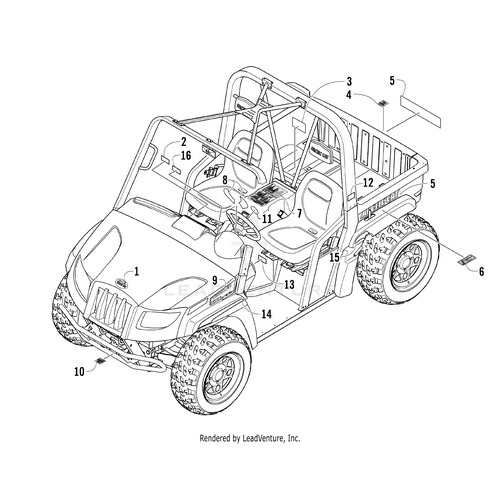 Line drawing of an Arctic Cat UTV highlighting the cargo bed, perfect for identifying the OEM Warning Decal-Cargo (345#) by Arctic Cat from a front side angle. Key parts like roll cage, seats, and tires are labeled for reference.