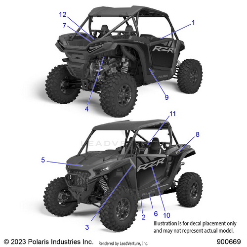 An Image of a Genuine Polaris Parts Schematic Diagram showing the schematic - BODY: DECALS - 2024 POLARIS RZR XP 1000 PREMIUM