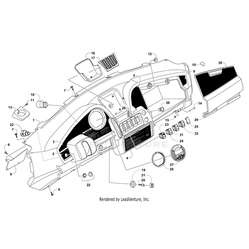 Exploded diagram of a car dashboard assembly with numbered parts—gauges, switches, panels, vents, and knobs—includes a Passenger Decal by Arctic Cat for accurate placement and alignment, similar to the original Arctic Cat Wildcat components.