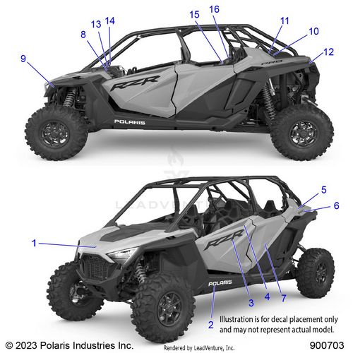 An Image of a Genuine Polaris Parts Schematic Diagram showing the schematic - BODY: DECALS - 2024 POLARIS RZR PRO XP 4 SPORT