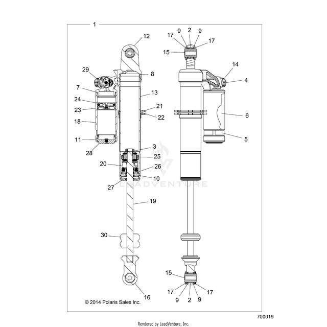 An Image of a Genuine Polaris Parts Schematic Diagram showing the schematic - SUSPENSION: REAR SHOCK - 2020 POLARIS RZR S 4 1000