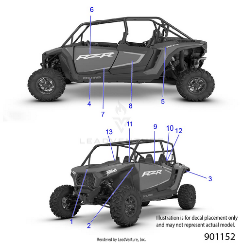 An Image of a Genuine Polaris Parts Schematic Diagram showing the schematic - BODY: DECALS - 2026 POLARIS RZR XP 4 1000 SPORT