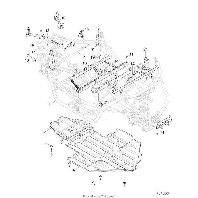 An Image of a Genuine Polaris Parts Schematic Diagram showing the schematic - CHASSIS: MAIN FRAME AND SKID PLATE - 2017 POLARIS RZR 900/900 EPS