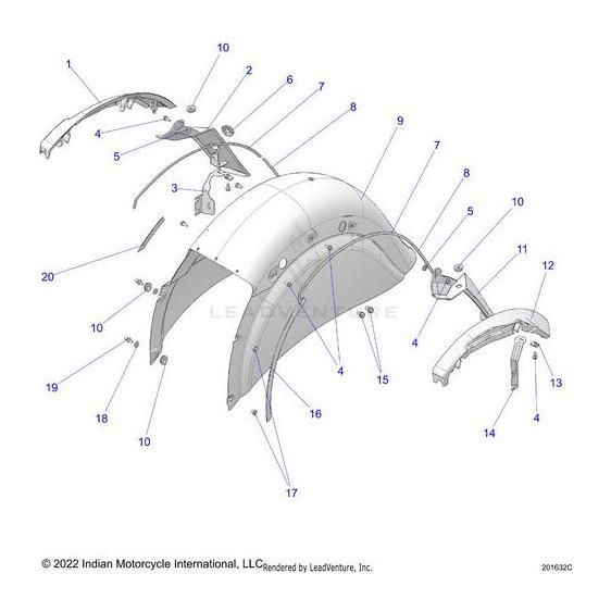 Exploded diagram of the Closeout Fender Upper RH Strgr [Storm Gray] by Polaris, displaying labeled parts like the fender, brackets, supports, and genuine Polaris OEM components for a precise fit.