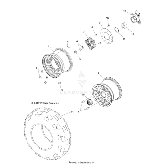 An Image of a Genuine Polaris Parts Schematic Diagram showing the schematic - WHEELS: REAR - 2016 POLARIS RZR 570